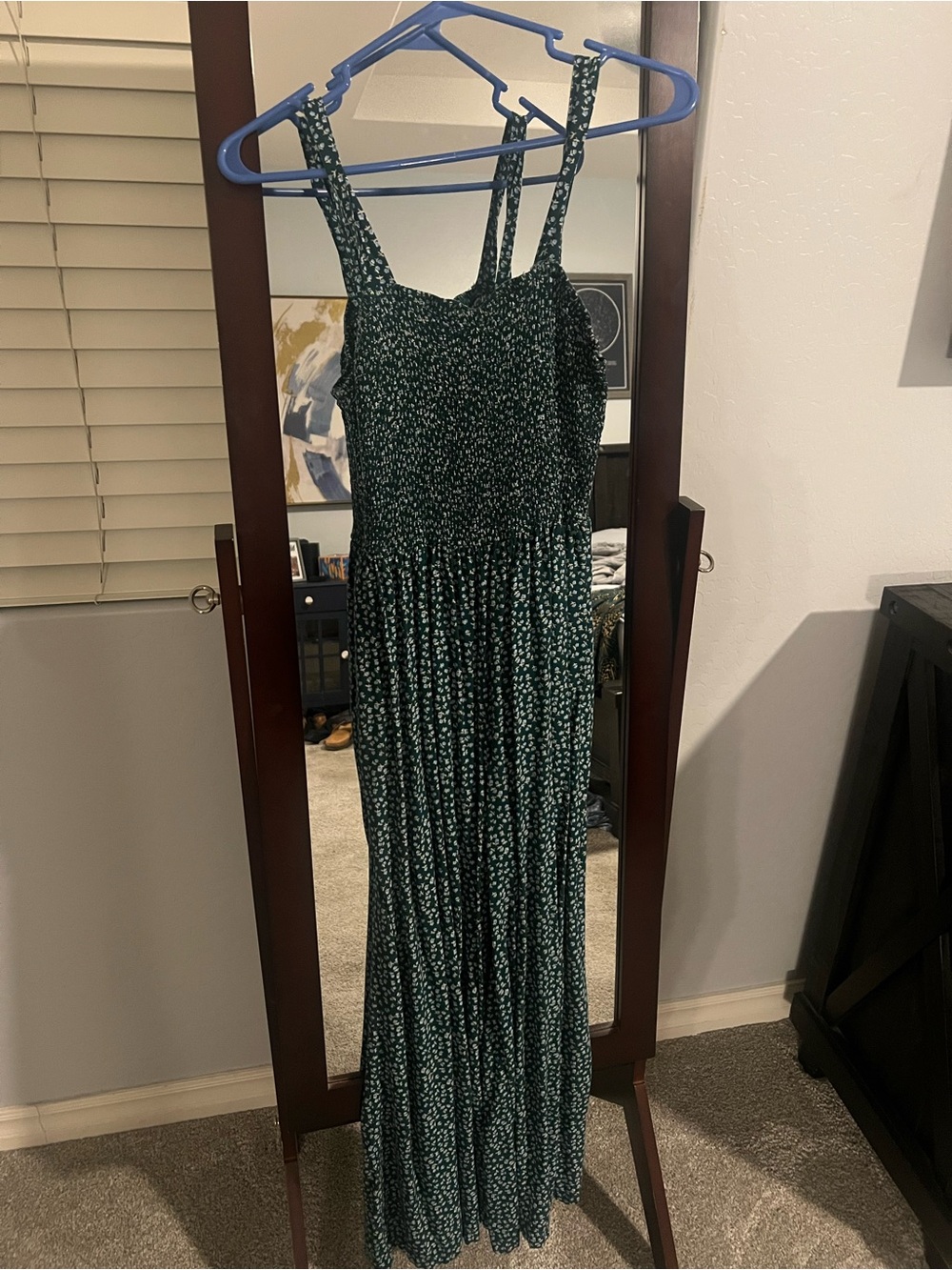 Dark Green Smocked Jumpsuit with Tiny Floral Print